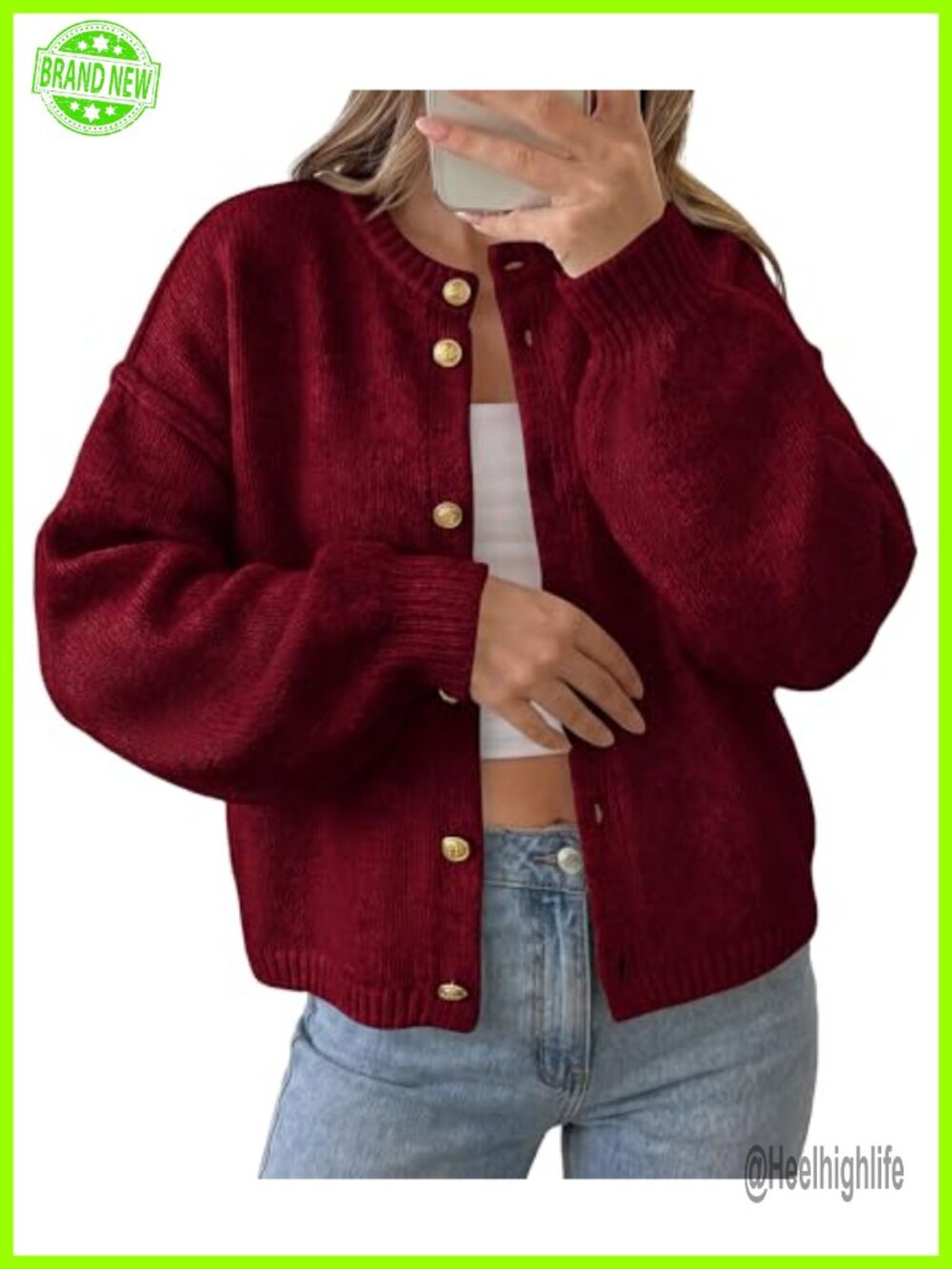 Chunky Knit Cardigan Sweater Button Up Lantern Sleeve Crew Neck